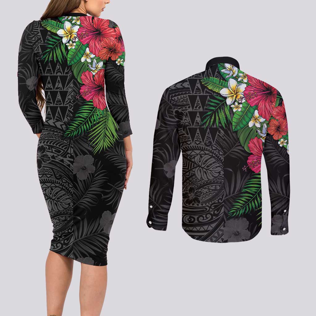 Hawaiian Tropical Plants Couples Matching Long Sleeve Bodycon Dress and Long Sleeve Button Shirt Kakau Tattoo and Polynesian Pattern Half Black Color