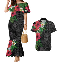 Hawaiian Tropical Plants Couples Matching Mermaid Dress and Hawaiian Shirt Kakau Tattoo and Polynesian Pattern Half Black Color