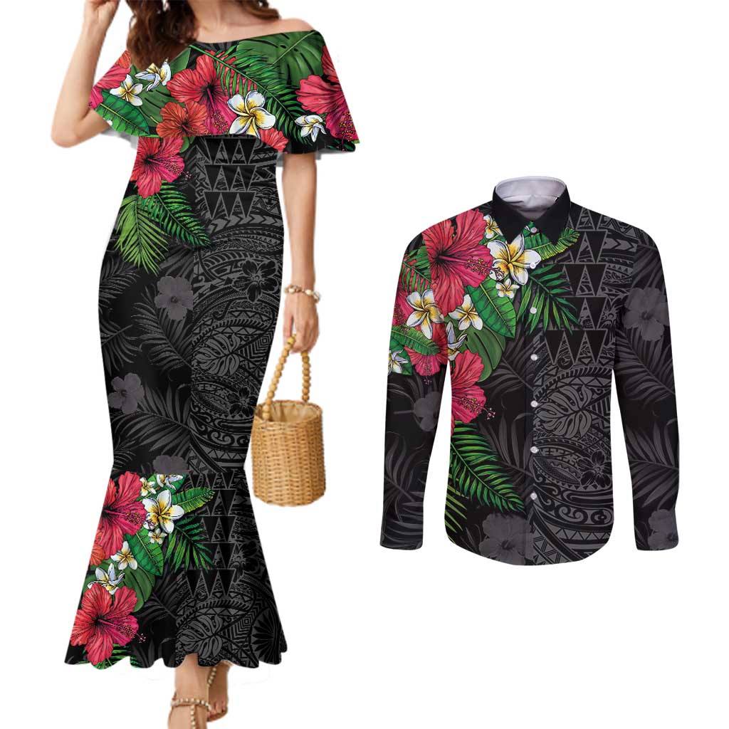 Hawaiian Tropical Plants Couples Matching Mermaid Dress and Long Sleeve Button Shirt Kakau Tattoo and Polynesian Pattern Half Black Color