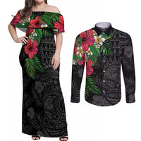 Hawaiian Tropical Plants Couples Matching Off Shoulder Maxi Dress and Long Sleeve Button Shirt Kakau Tattoo and Polynesian Pattern Half Black Color