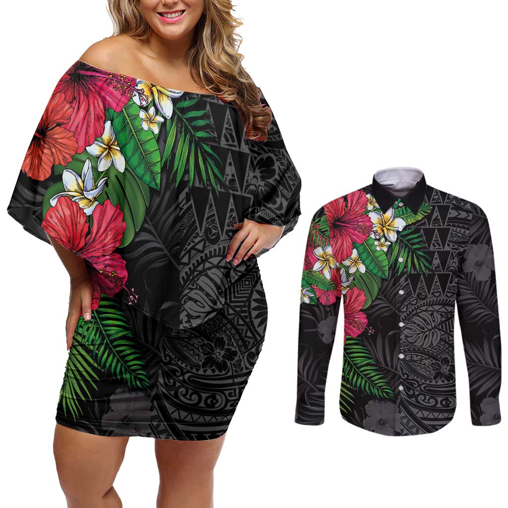 Hawaiian Tropical Plants Couples Matching Off Shoulder Short Dress and Long Sleeve Button Shirt Kakau Tattoo and Polynesian Pattern Half Black Color
