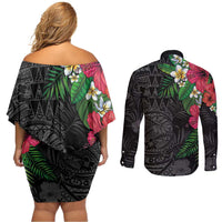 Hawaiian Tropical Plants Couples Matching Off Shoulder Short Dress and Long Sleeve Button Shirt Kakau Tattoo and Polynesian Pattern Half Black Color