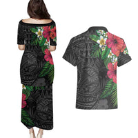 Hawaiian Tropical Plants Couples Matching Puletasi and Hawaiian Shirt Kakau Tattoo and Polynesian Pattern Half Black Color
