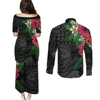 Hawaiian Tropical Plants Couples Matching Puletasi and Long Sleeve Button Shirt Kakau Tattoo and Polynesian Pattern Half Black Color