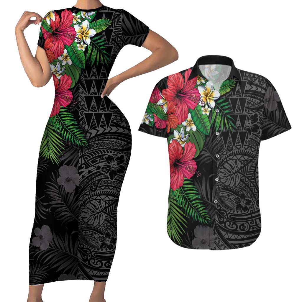 Hawaiian Tropical Plants Couples Matching Short Sleeve Bodycon Dress and Hawaiian Shirt Kakau Tattoo and Polynesian Pattern Half Black Color