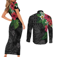 Hawaiian Tropical Plants Couples Matching Short Sleeve Bodycon Dress and Long Sleeve Button Shirt Kakau Tattoo and Polynesian Pattern Half Black Color