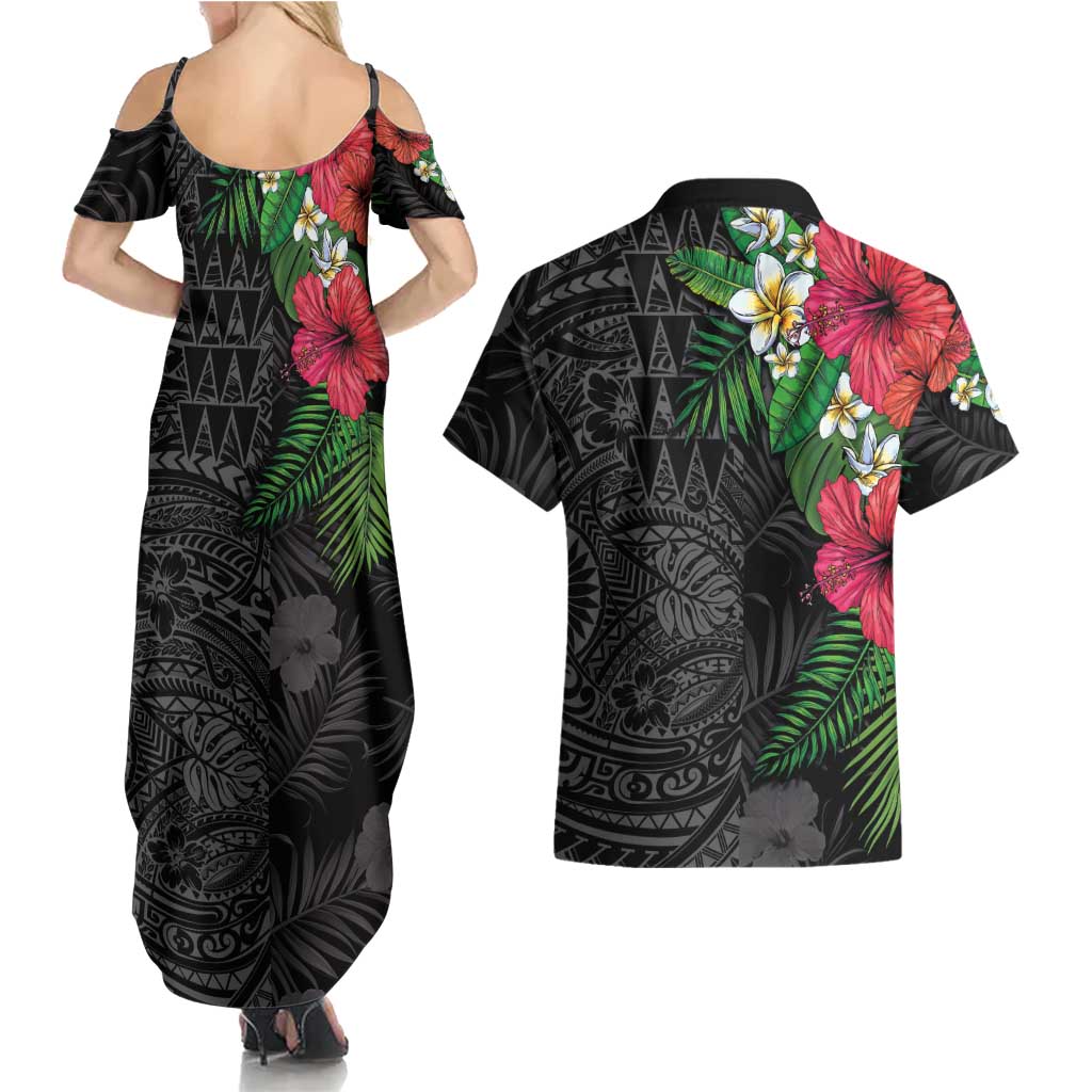 Hawaiian Tropical Plants Couples Matching Summer Maxi Dress and Hawaiian Shirt Kakau Tattoo and Polynesian Pattern Half Black Color