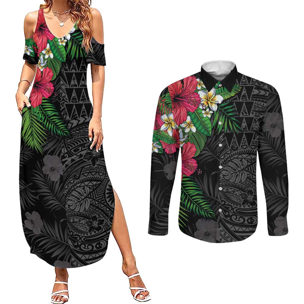 Hawaiian Tropical Plants Couples Matching Summer Maxi Dress and Long Sleeve Button Shirt Kakau Tattoo and Polynesian Pattern Half Black Color