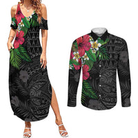 Hawaiian Tropical Plants Couples Matching Summer Maxi Dress and Long Sleeve Button Shirt Kakau Tattoo and Polynesian Pattern Half Black Color
