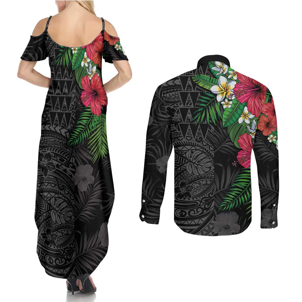 Hawaiian Tropical Plants Couples Matching Summer Maxi Dress and Long Sleeve Button Shirt Kakau Tattoo and Polynesian Pattern Half Black Color