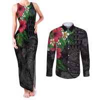 Hawaiian Tropical Plants Couples Matching Tank Maxi Dress and Long Sleeve Button Shirt Kakau Tattoo and Polynesian Pattern Half Black Color