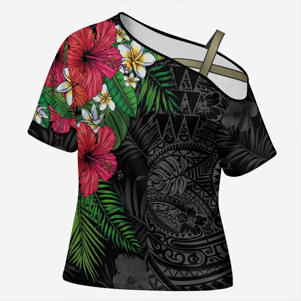 Hawaiian Tropical Plants Cross Shoulder Shirt Kakau Tattoo and Polynesian Pattern Half Black Color