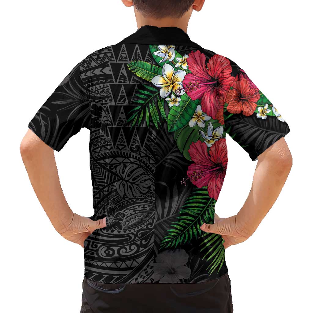 Hawaiian Tropical Plants Family Matching Long Sleeve Bodycon Dress and Hawaiian Shirt Kakau Tattoo and Polynesian Pattern Half Black Color LT03 - Polynesian Pride