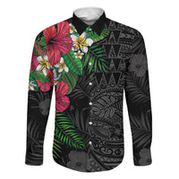 Hawaiian Tropical Plants Family Matching Long Sleeve Bodycon Dress and Hawaiian Shirt Kakau Tattoo and Polynesian Pattern Half Black Color LT03 Dad's Shirt - Long Sleeve Black - Polynesian Pride
