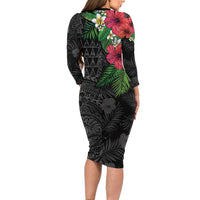 Hawaiian Tropical Plants Family Matching Long Sleeve Bodycon Dress and Hawaiian Shirt Kakau Tattoo and Polynesian Pattern Half Black Color LT03 - Polynesian Pride