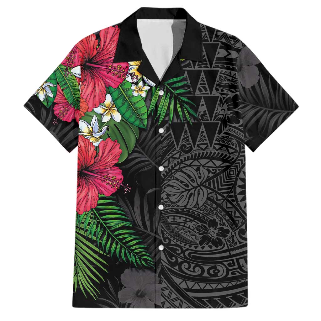 Hawaiian Tropical Plants Family Matching Mermaid Dress and Hawaiian Shirt Kakau Tattoo and Polynesian Pattern Half Black Color LT03 Dad's Shirt - Short Sleeve Black - Polynesian Pride