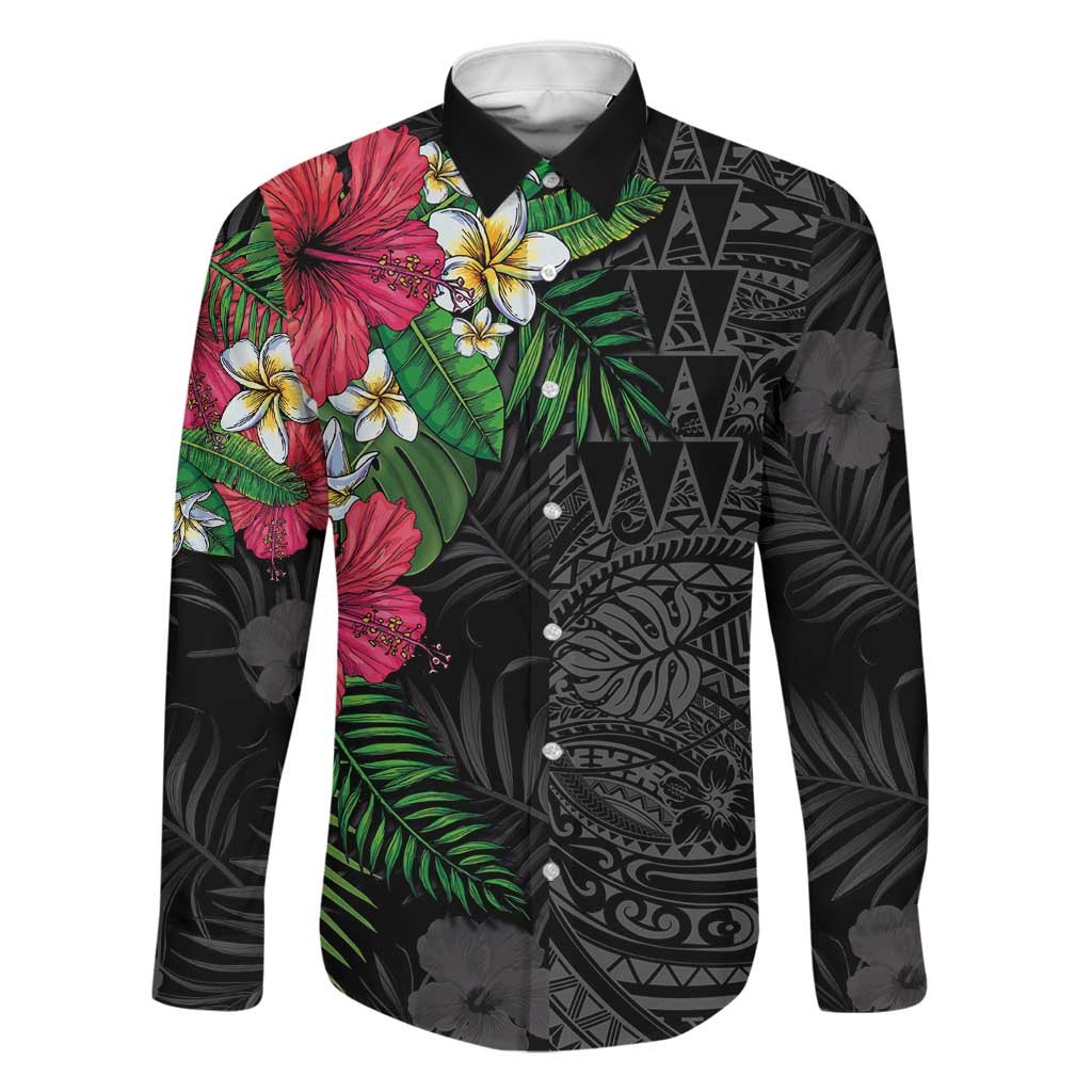Hawaiian Tropical Plants Family Matching Mermaid Dress and Hawaiian Shirt Kakau Tattoo and Polynesian Pattern Half Black Color LT03 Dad's Shirt - Long Sleeve Black - Polynesian Pride