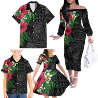 Hawaiian Tropical Plants Family Matching Off The Shoulder Long Sleeve Dress and Hawaiian Shirt Kakau Tattoo and Polynesian Pattern Half Black Color LT03 - Polynesian Pride