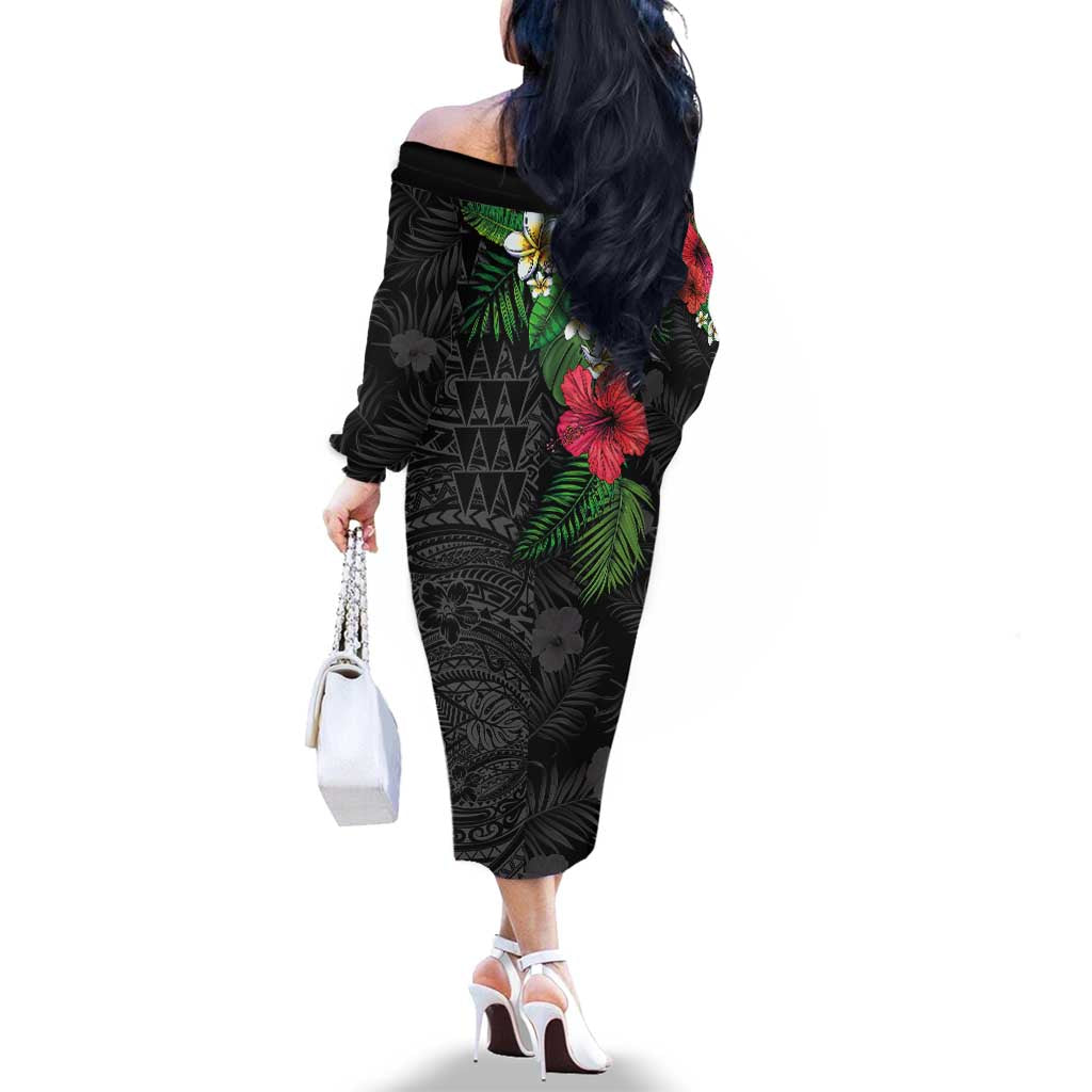 Hawaiian Tropical Plants Family Matching Off The Shoulder Long Sleeve Dress and Hawaiian Shirt Kakau Tattoo and Polynesian Pattern Half Black Color LT03 - Polynesian Pride
