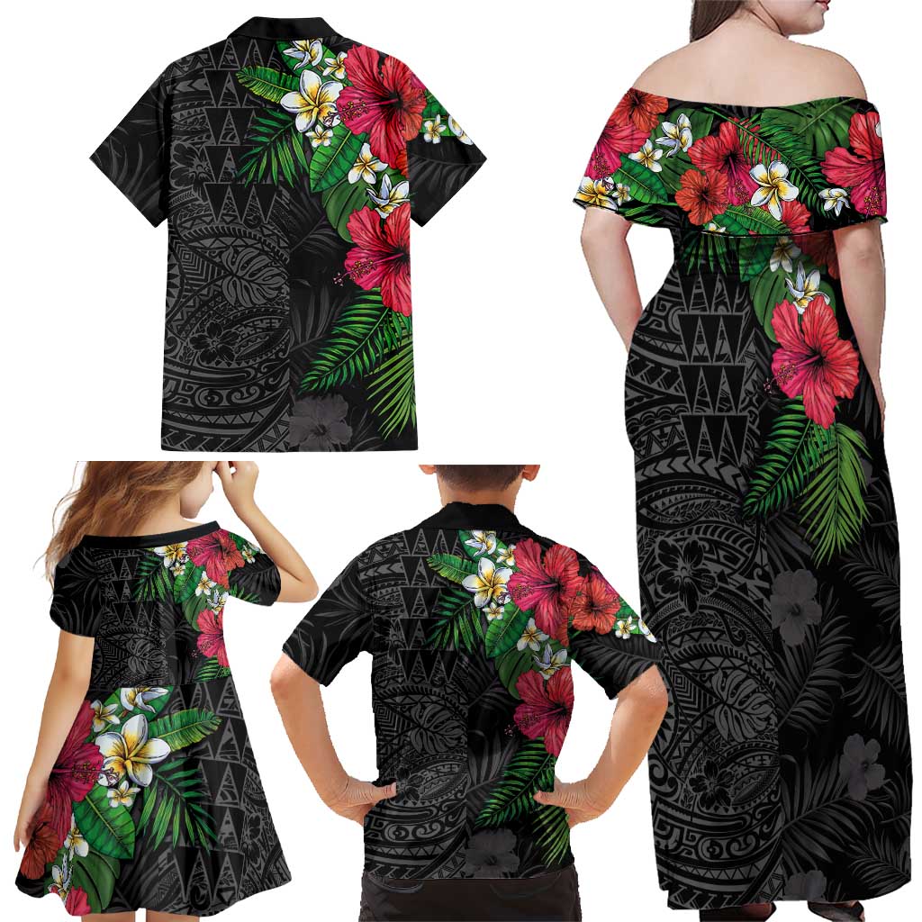 Hawaiian Tropical Plants Family Matching Off Shoulder Maxi Dress and Hawaiian Shirt Kakau Tattoo and Polynesian Pattern Half Black Color LT03 - Polynesian Pride
