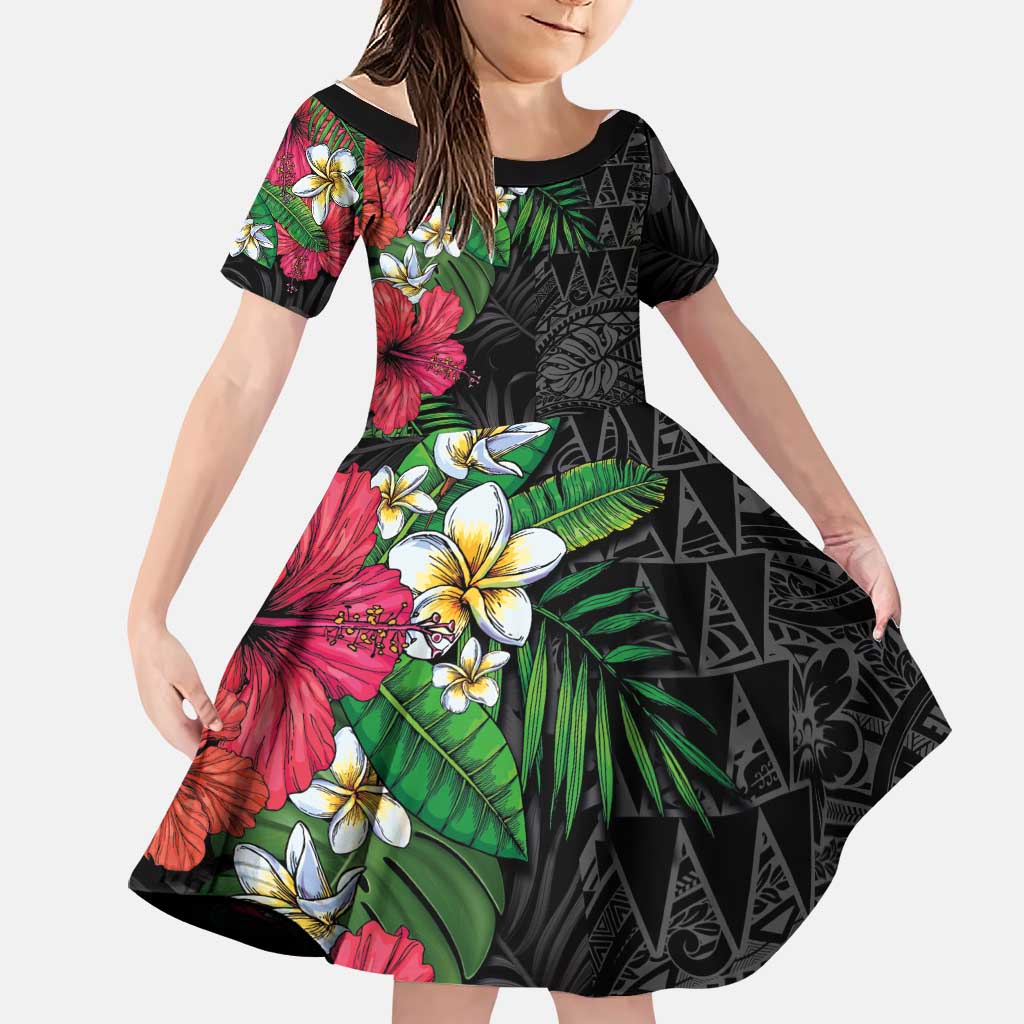 Hawaiian Tropical Plants Family Matching Off Shoulder Short Dress and Hawaiian Shirt Kakau Tattoo and Polynesian Pattern Half Black Color LT03 Daughter's Dress Black - Polynesian Pride