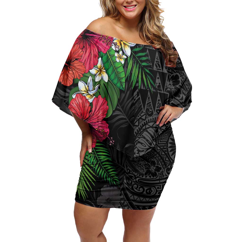 Hawaiian Tropical Plants Family Matching Off Shoulder Short Dress and Hawaiian Shirt Kakau Tattoo and Polynesian Pattern Half Black Color LT03 Mom's Dress Black - Polynesian Pride