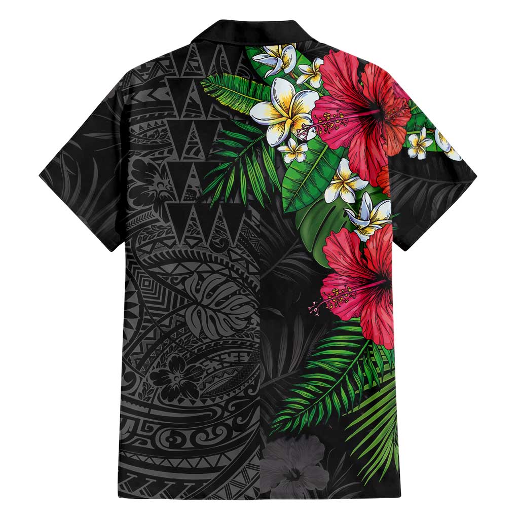 Hawaiian Tropical Plants Family Matching Short Sleeve Bodycon Dress and Hawaiian Shirt Kakau Tattoo and Polynesian Pattern Half Black Color LT03 - Polynesian Pride