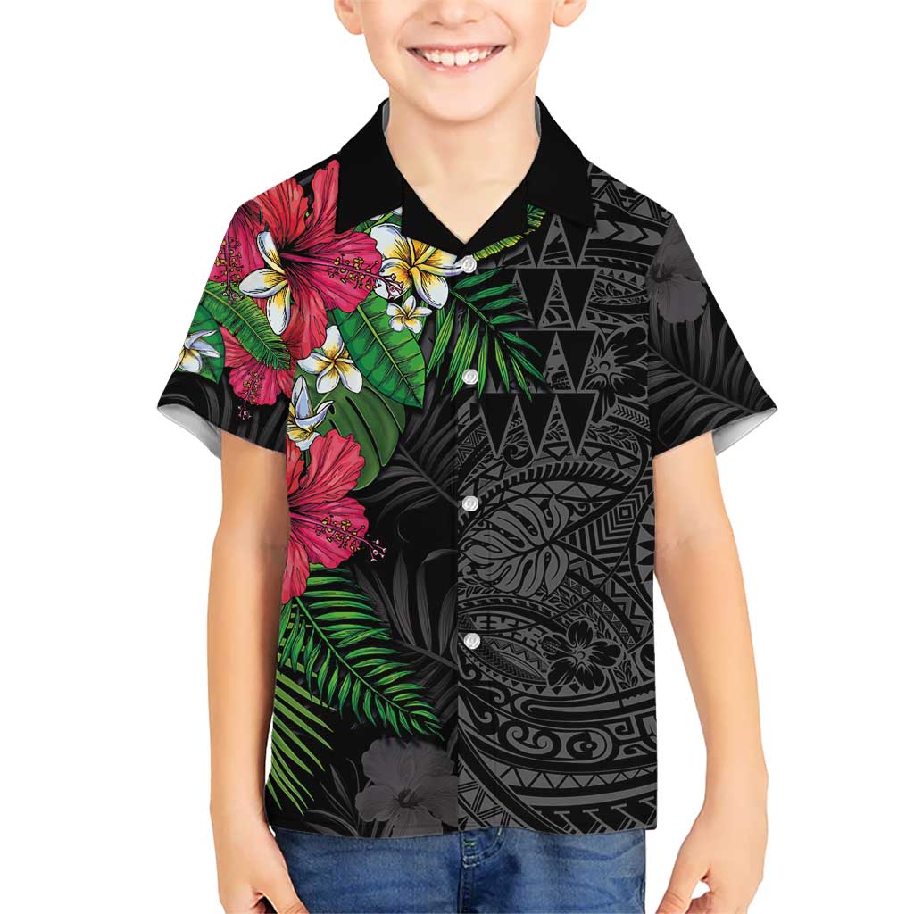 Hawaiian Tropical Plants Family Matching Short Sleeve Bodycon Dress and Hawaiian Shirt Kakau Tattoo and Polynesian Pattern Half Black Color LT03 Son's Shirt Black - Polynesian Pride