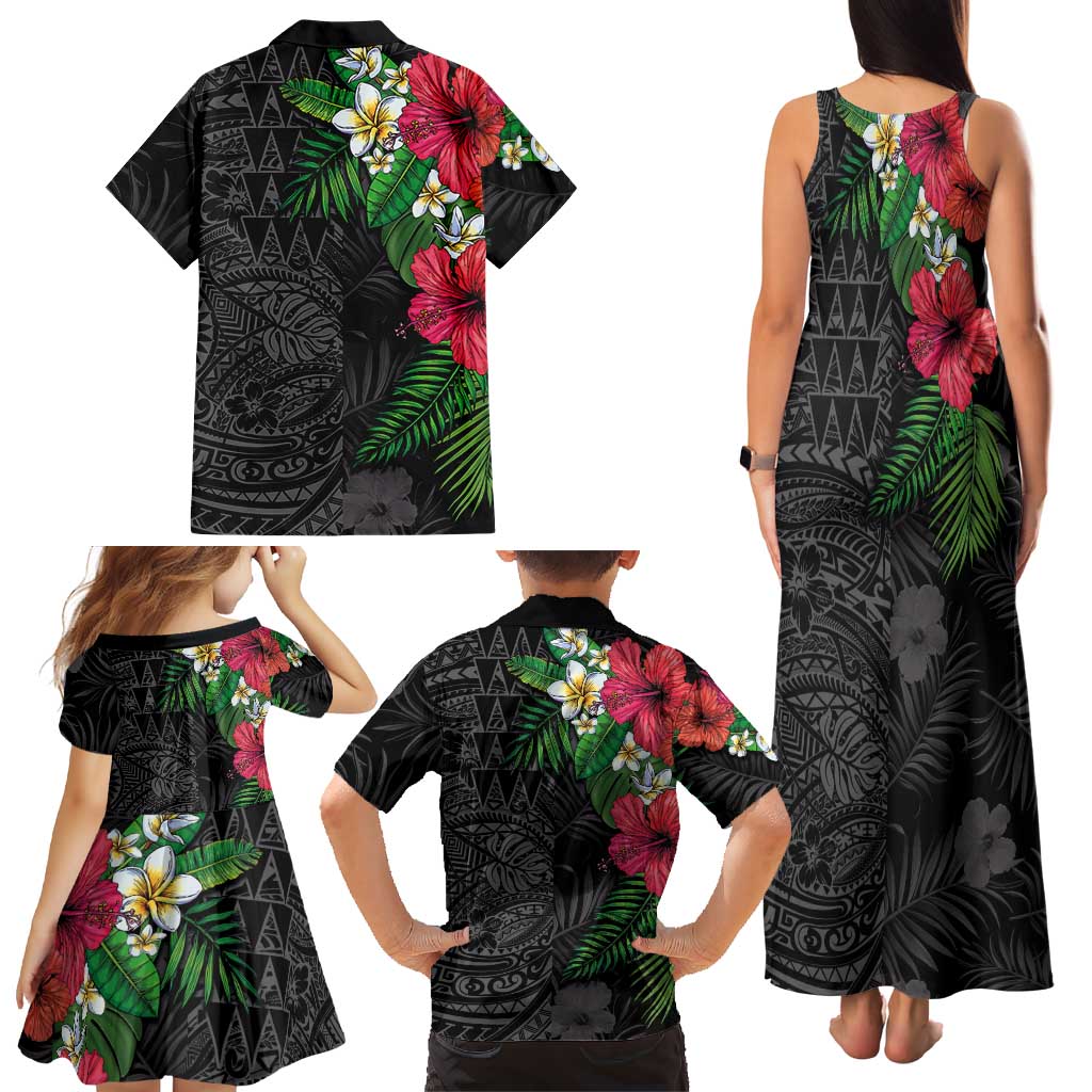 Hawaiian Tropical Plants Family Matching Tank Maxi Dress and Hawaiian Shirt Kakau Tattoo and Polynesian Pattern Half Black Color LT03 - Polynesian Pride