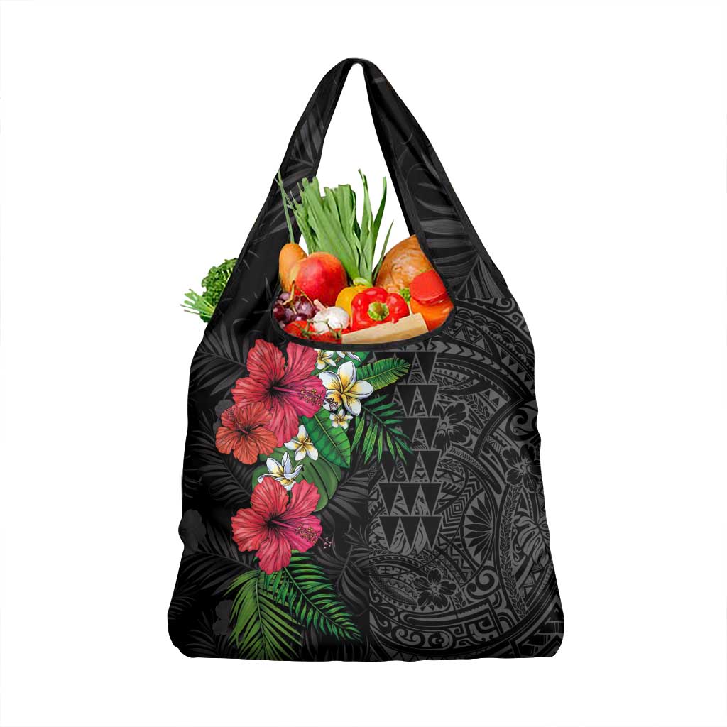 Hawaiian Tropical Plants Grocery Bag Kakau Tattoo and Polynesian Pattern Half Black Color
