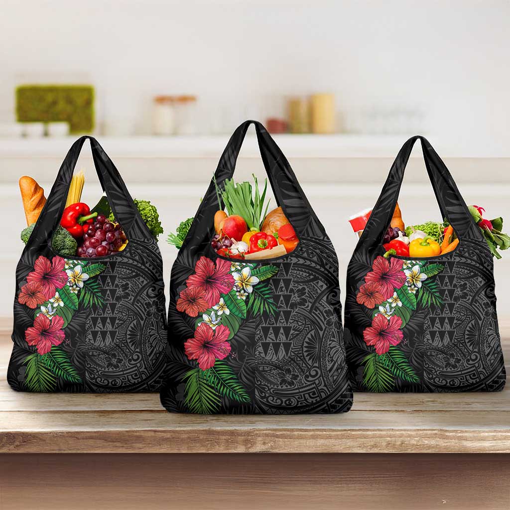 Hawaiian Tropical Plants Grocery Bag Kakau Tattoo and Polynesian Pattern Half Black Color