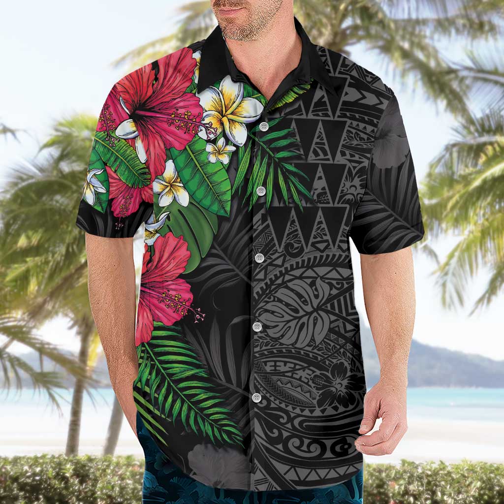 Hawaiian Tropical Plants Hawaiian Shirt Kakau Tattoo and Polynesian Pattern Half Black Color