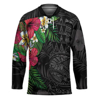 Hawaiian Tropical Plants Hockey Jersey Kakau Tattoo and Polynesian Pattern Half Black Color