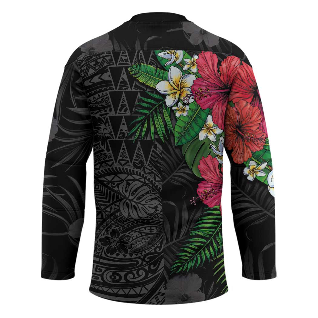 Hawaiian Tropical Plants Hockey Jersey Kakau Tattoo and Polynesian Pattern Half Black Color