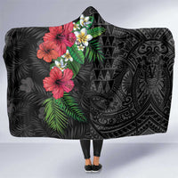 Hawaiian Tropical Plants Hooded Blanket Kakau Tattoo and Polynesian Pattern Half Black Color