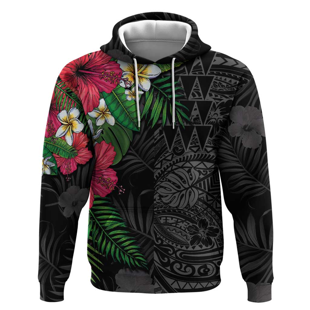 Hawaiian Tropical Plants Hoodie Kakau Tattoo and Polynesian Pattern Half Black Color