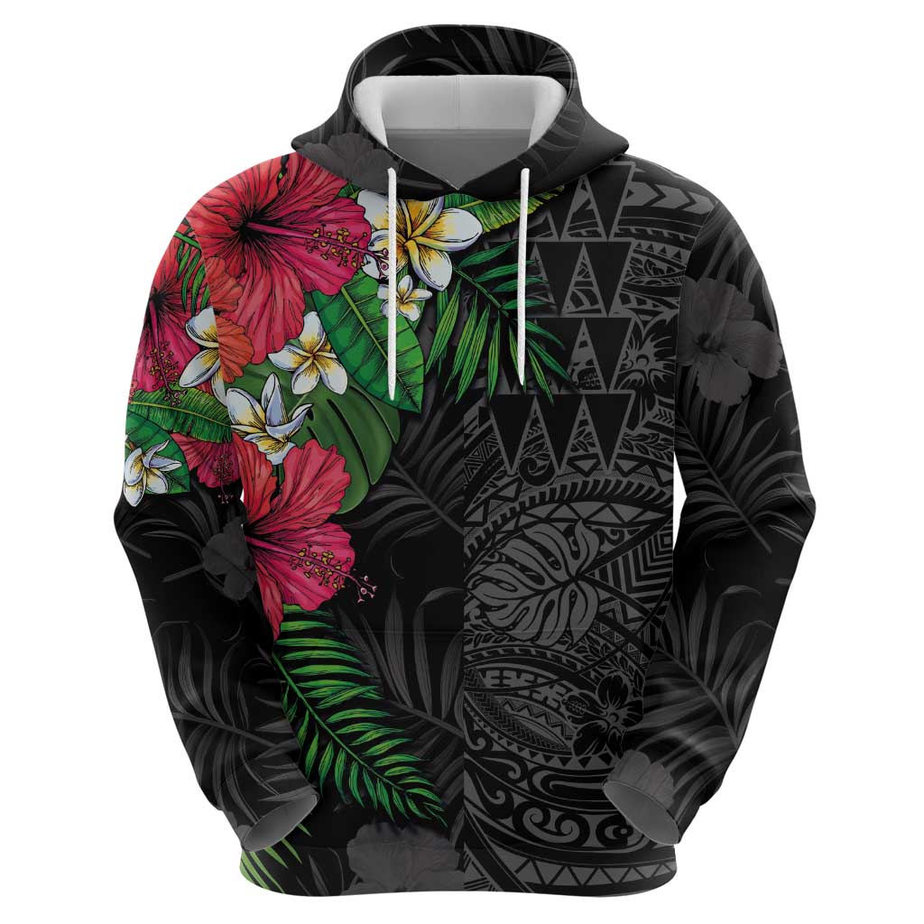 Hawaiian Tropical Plants Hoodie Kakau Tattoo and Polynesian Pattern Half Black Color
