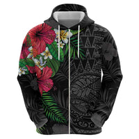 Hawaiian Tropical Plants Hoodie Kakau Tattoo and Polynesian Pattern Half Black Color