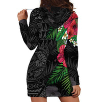 Hawaiian Tropical Plants Hoodie Dress Kakau Tattoo and Polynesian Pattern Half Black Color