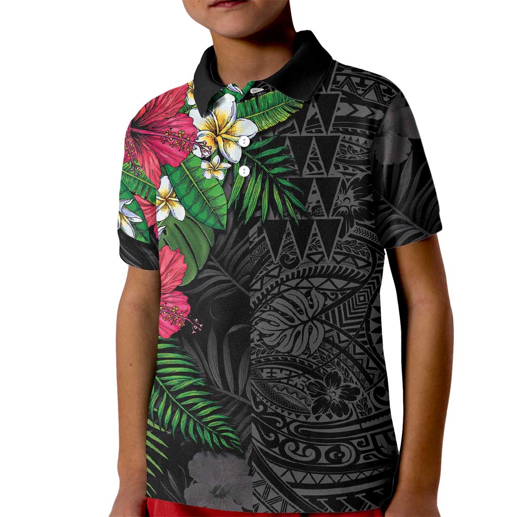 Hawaiian Tropical Plants Kid Polo Shirt Kakau Tattoo and Polynesian Pattern Half Black Color