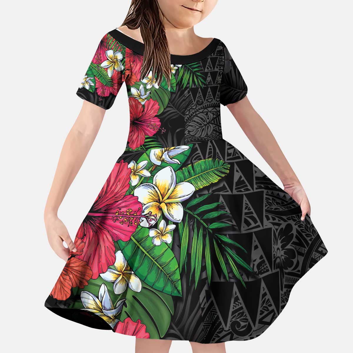 Hawaiian Tropical Plants Kid Short Sleeve Dress Kakau Tattoo and Polynesian Pattern Half Black Color