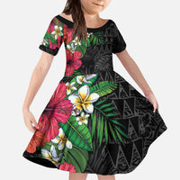 Hawaiian Tropical Plants Kid Short Sleeve Dress Kakau Tattoo and Polynesian Pattern Half Black Color