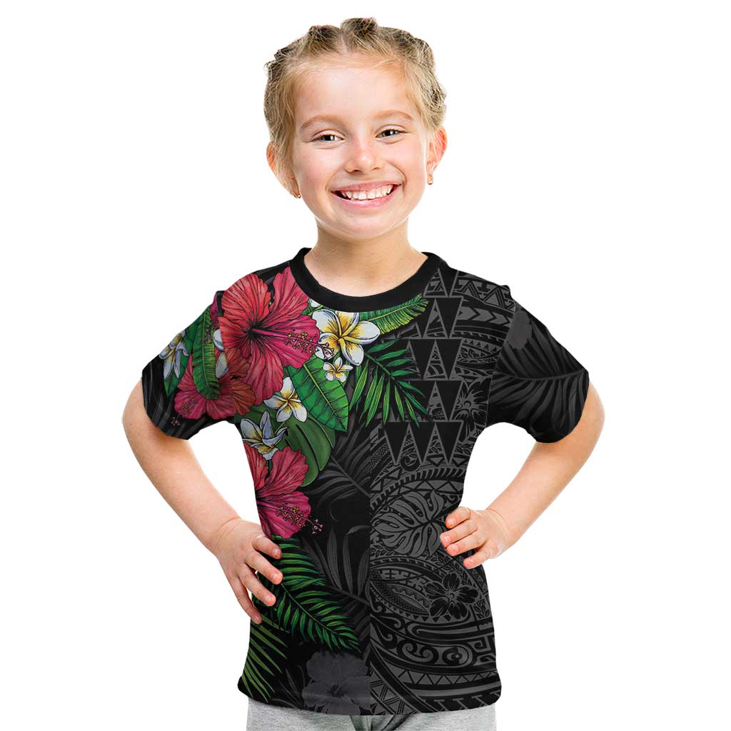 Hawaiian Tropical Plants Kid T Shirt Kakau Tattoo and Polynesian Pattern Half Black Color