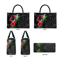 Hawaiian Tropical Plants Leather Bag Kakau Tattoo and Polynesian Pattern Half Black Color