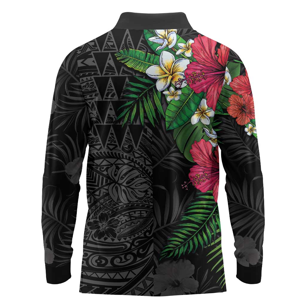 Hawaiian Tropical Plants Long Sleeve Polo Shirt Kakau Tattoo and Polynesian Pattern Half Black Color