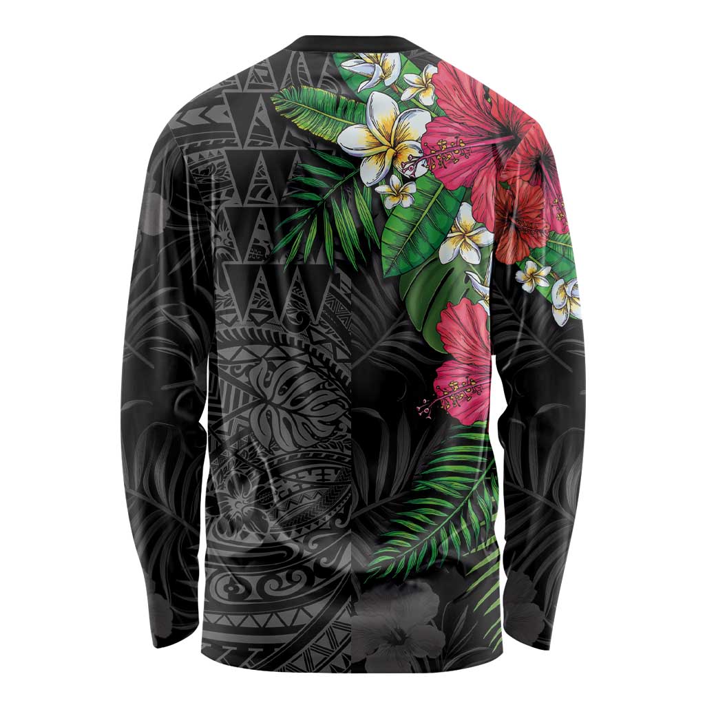 Hawaiian Tropical Plants Long Sleeve Shirt Kakau Tattoo and Polynesian Pattern Half Black Color