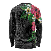 Hawaiian Tropical Plants Long Sleeve Shirt Kakau Tattoo and Polynesian Pattern Half Black Color