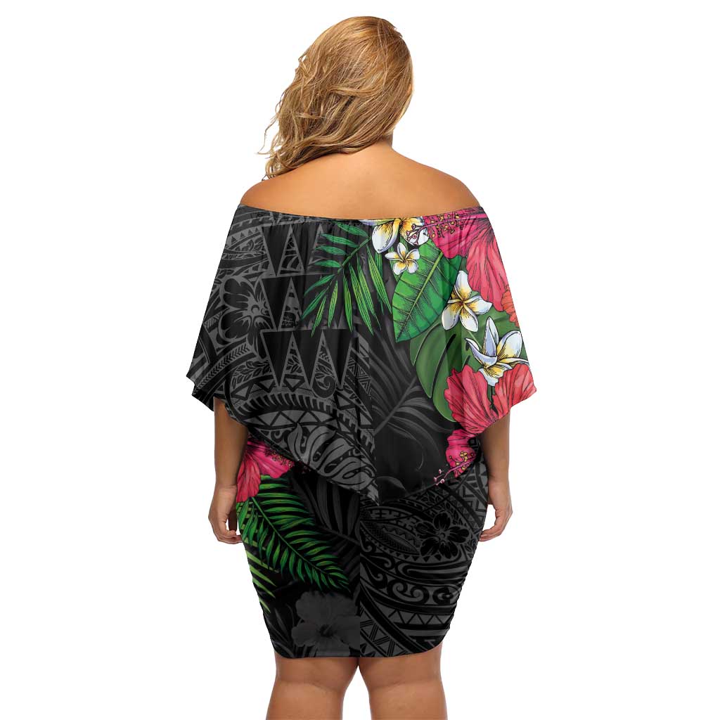Hawaiian Tropical Plants Off Shoulder Short Dress Kakau Tattoo and Polynesian Pattern Half Black Color