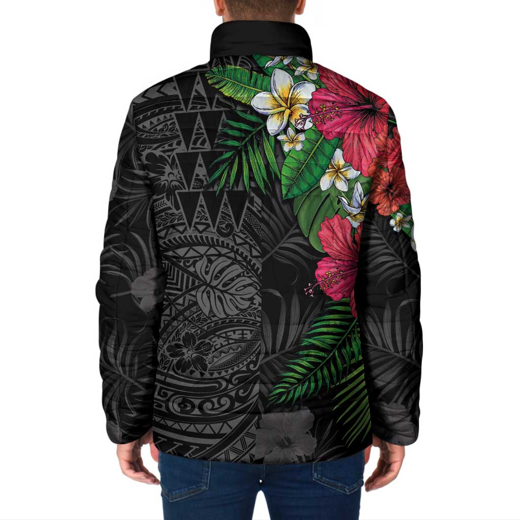 Hawaiian Tropical Plants Padded Jacket Kakau Tattoo and Polynesian Pattern Half Black Color