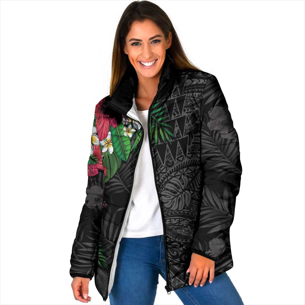 Hawaiian Tropical Plants Padded Jacket Kakau Tattoo and Polynesian Pattern Half Black Color